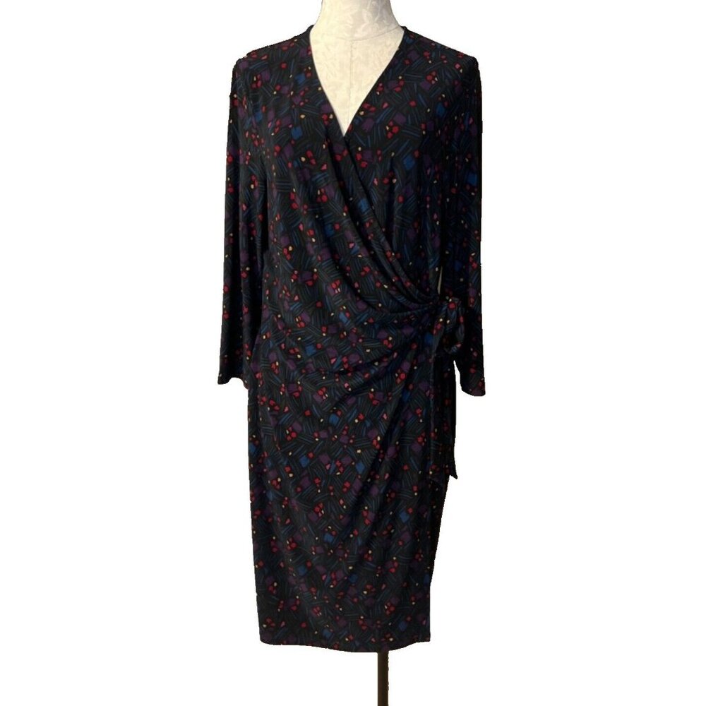 Anne Klein Dress 10 Faux Wrap Print Long Sleeve Stretch Career Church Washable - Picture 2 of 8